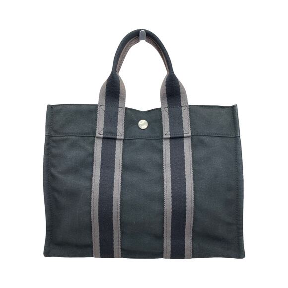 Hermès Fourre Tout PM Canvas Tote Bag Black Gray Striped Handles France - Picture 5 of 15